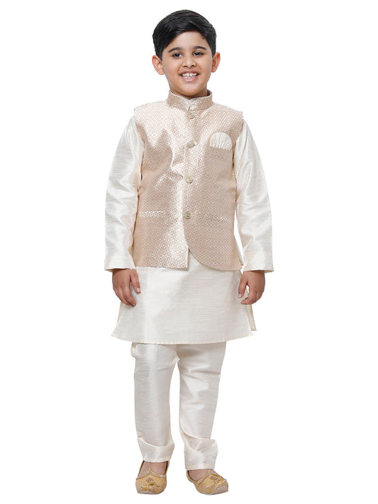 Pro Ethic Kurta Pajama For Boys With Waist Coat Silk Floral Pattern Cream (S-214)