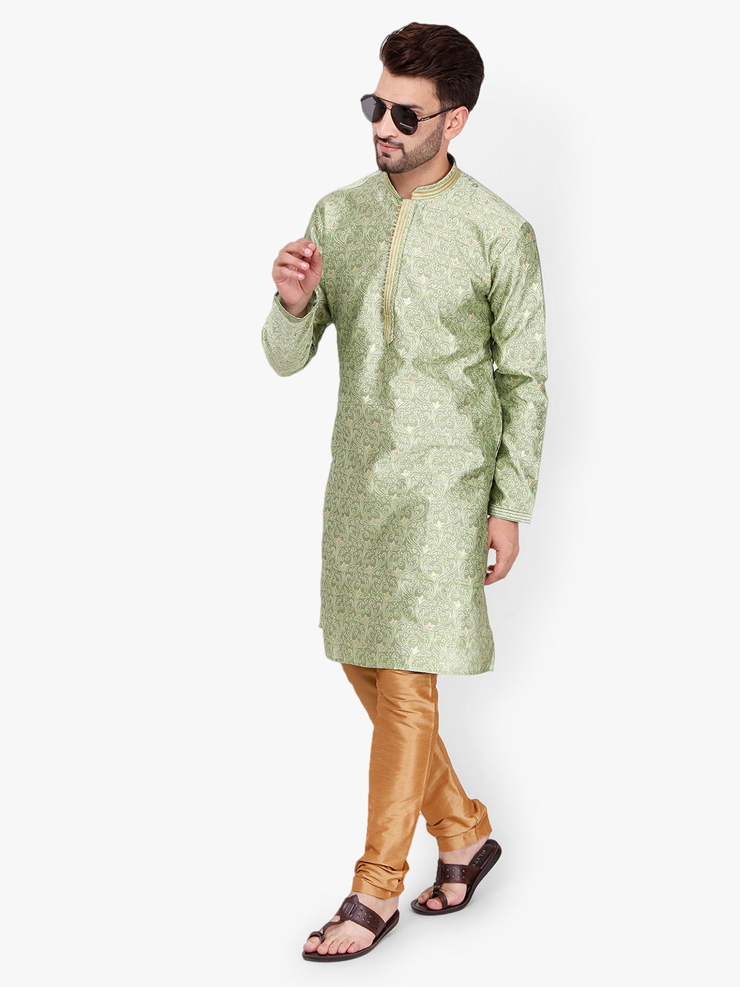 Pro Ethic Men's Kurta pajama set - Mandarin Collar | Silk | Green | (A-115)