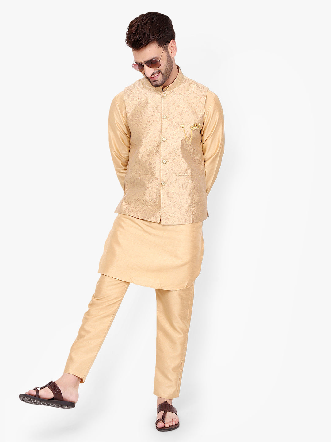 Pro-Ethic Style Developer Silk Kurta Pajama With Jacket For Men | Brown (C-101)