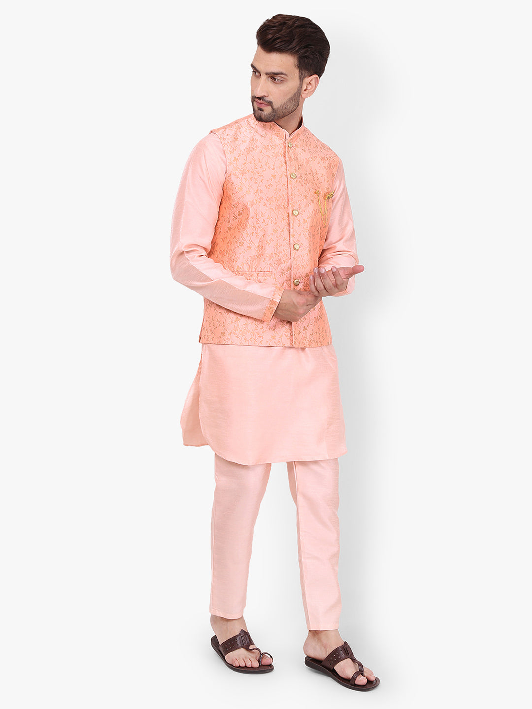 Pro-Ethic Style Developer Silk Kurta Pajama With Jacket For Men | Light Pink (C-101)