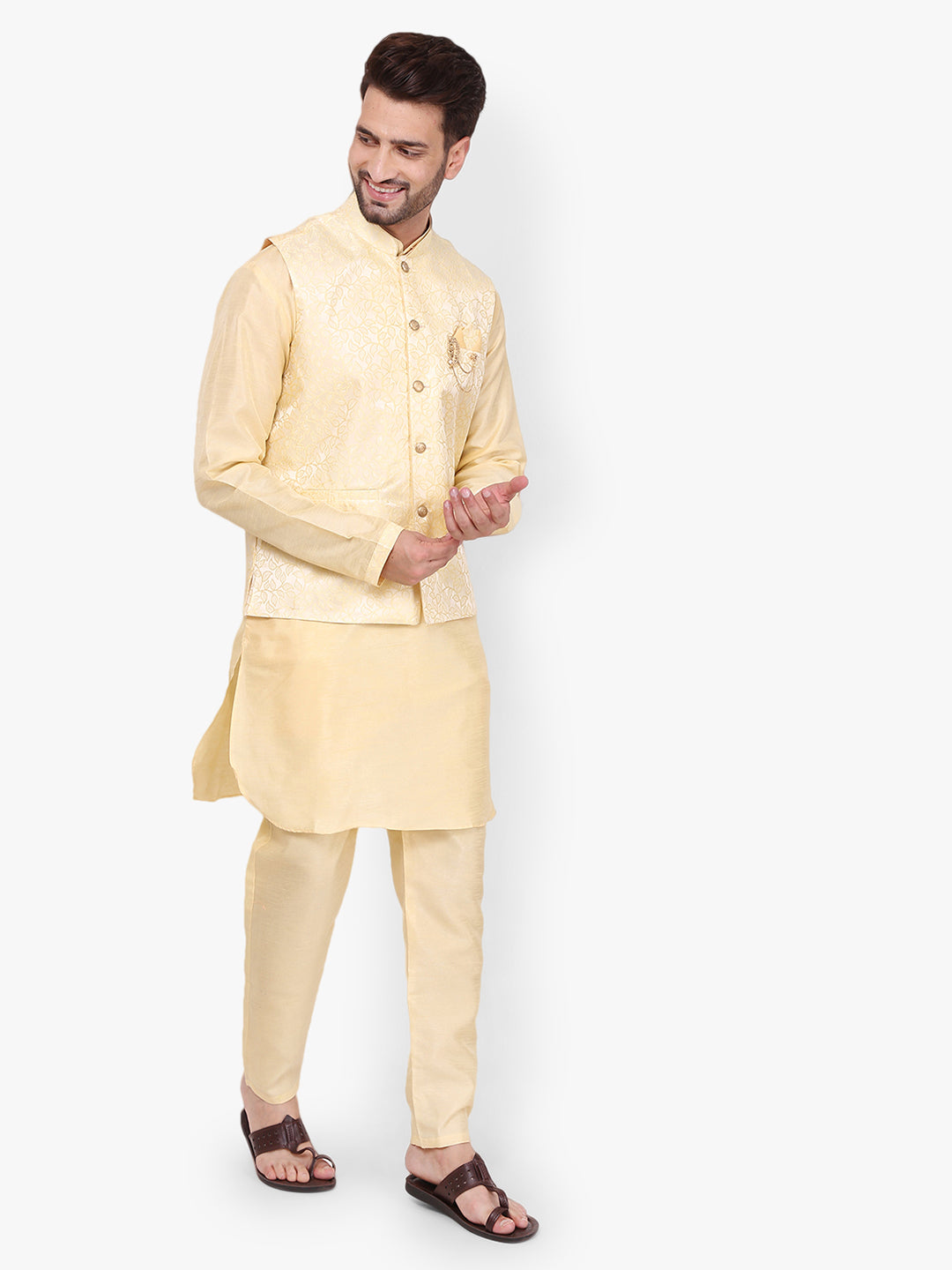 Pro-Ethic Silk Kurta Pajama With Jacket For Men | Yellow (C-104)