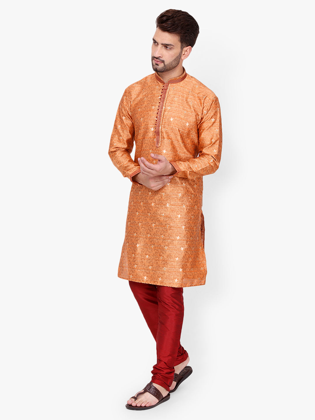 Pro Ethic Men's Kurta pajama set - Mandarin Collar | Silk | Orange | (A-115)