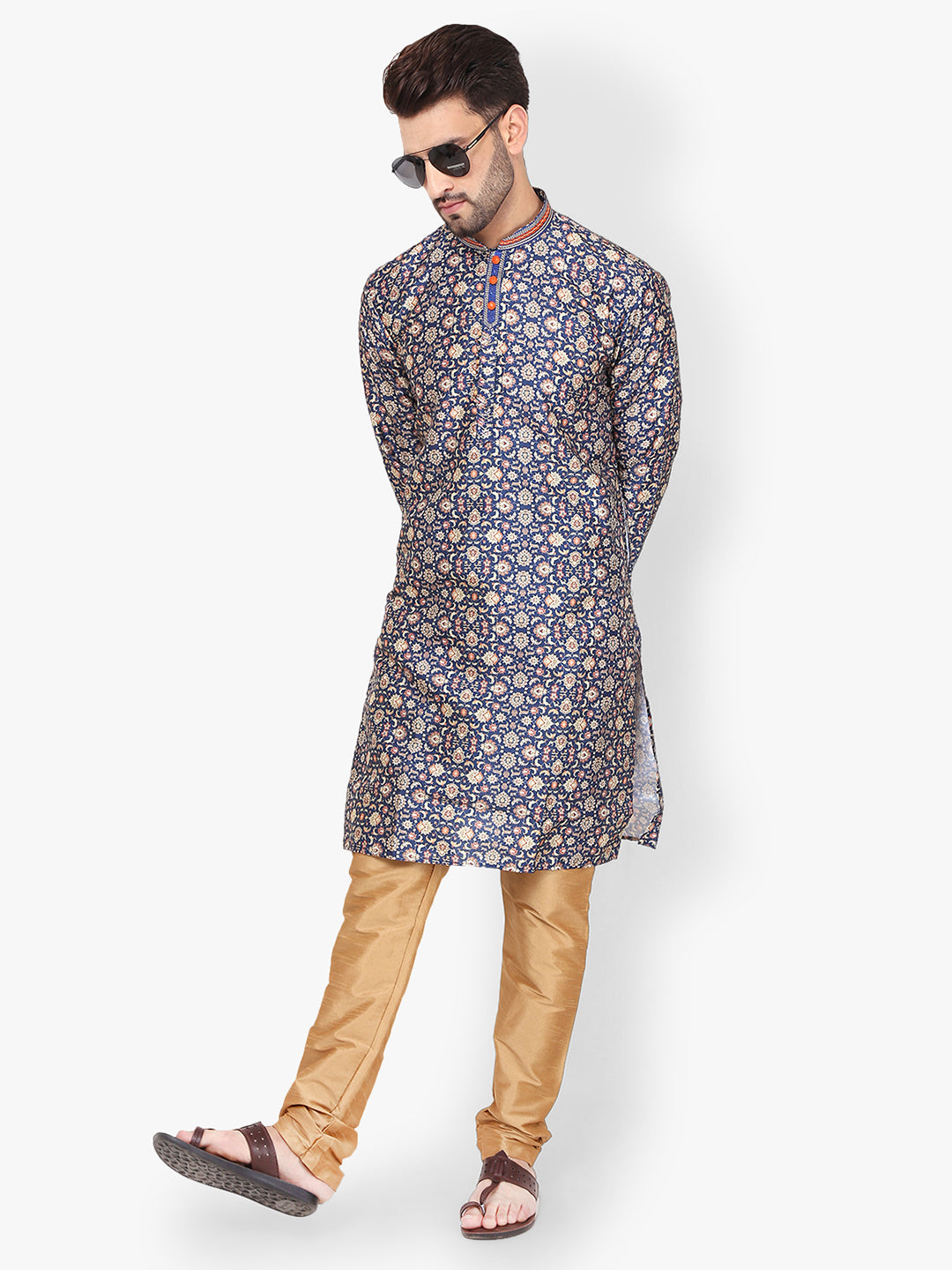 Pro-Ethic Men's Kurta Pajama Silk | Mandarin Collar | Floral Print | Navy Blue (A-110)