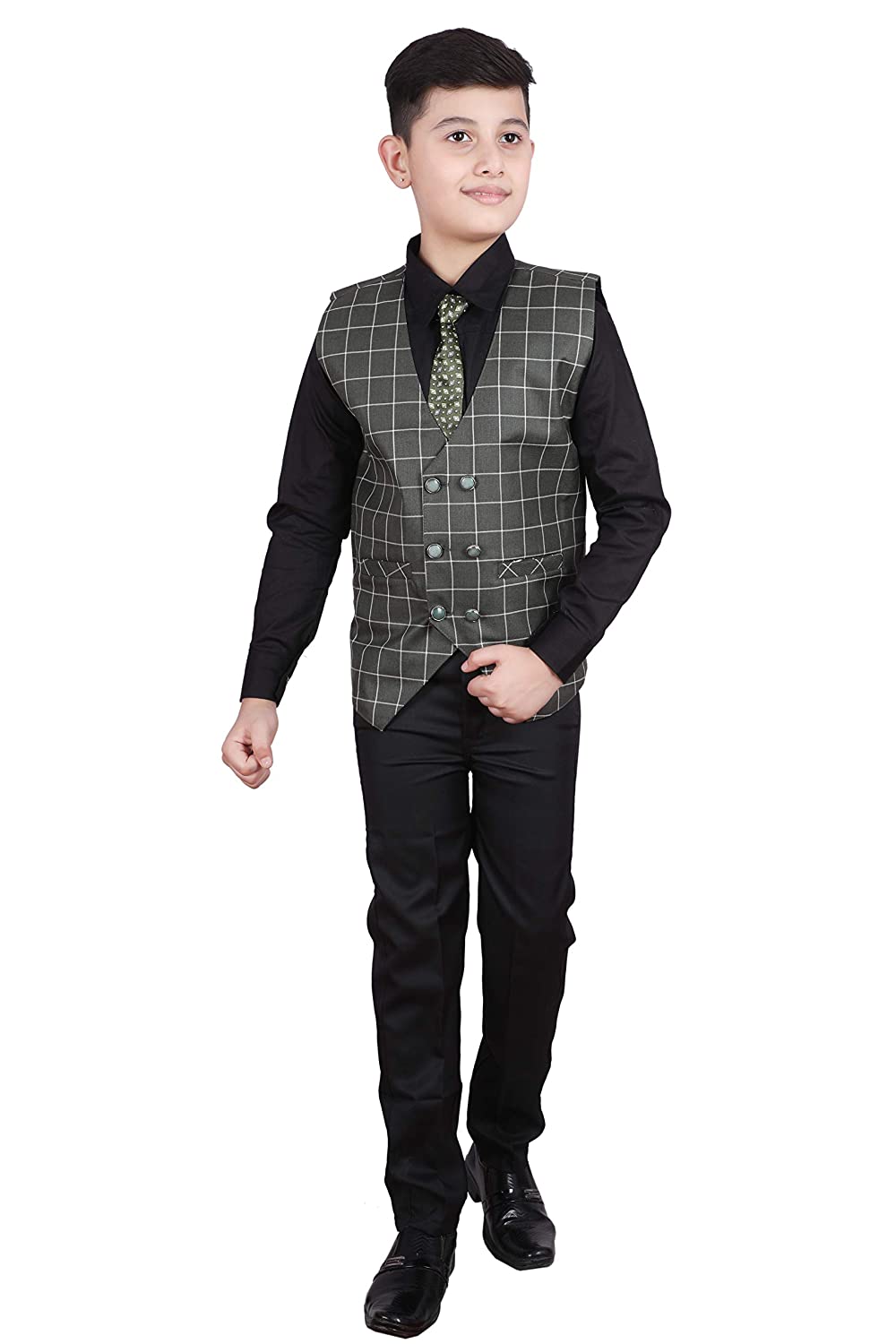 Pro Ethic Three Piece Suit For Boys Cotton Dark Green Checked Pattern T-115