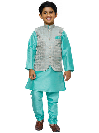 Pro Ethic Kurta Pajama For Boys With Waist Coat Silk Floral Pattern Green (S-211)