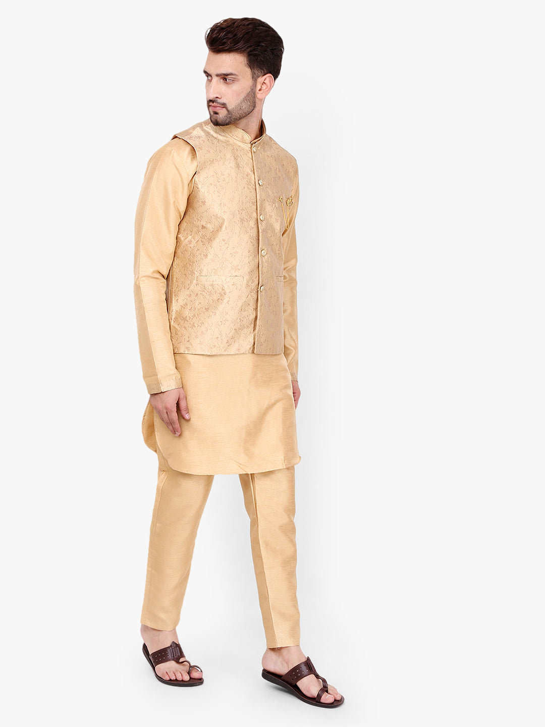 Pro-Ethic Style Developer Silk Kurta Pajama With Jacket For Men | Brown (C-101)