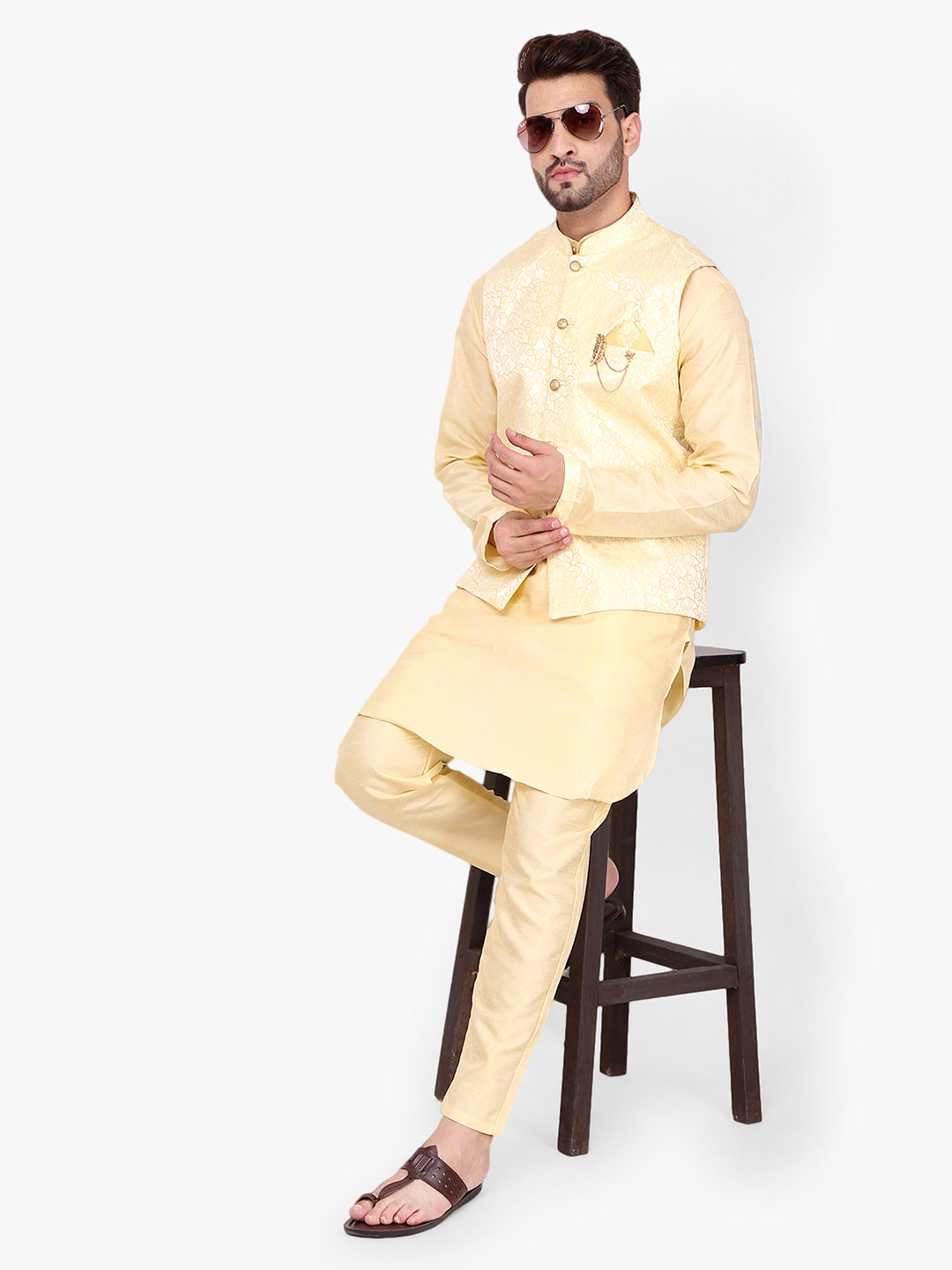 Pro-Ethic Silk Kurta Pajama With Jacket For Men | Yellow (C-104)