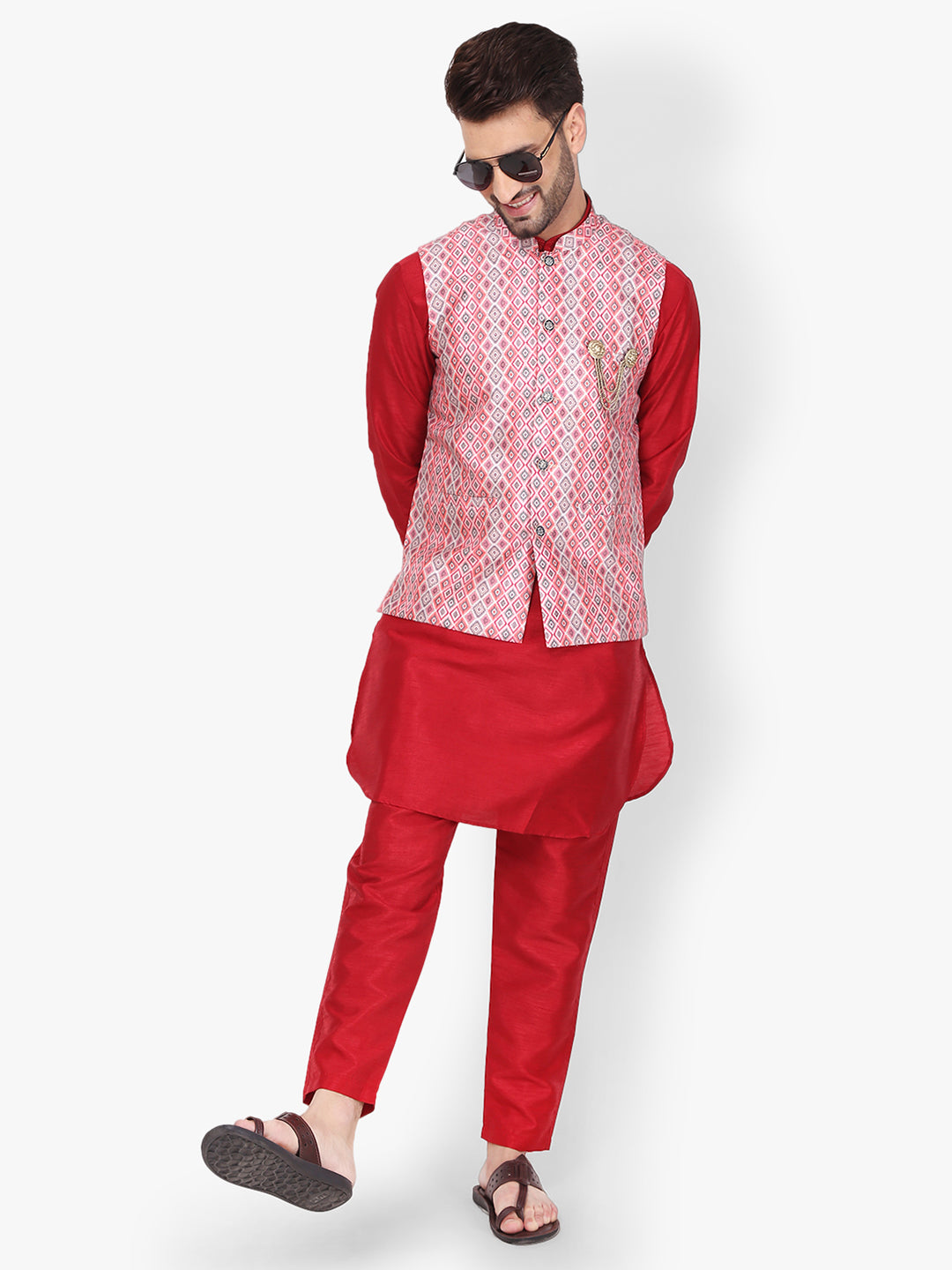 Pro-Ethic Silk Kurta Pajama With Jacket For Men | Red (C-102)