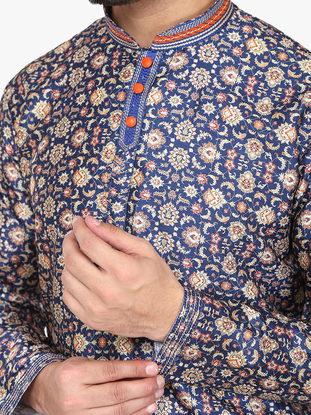 Pro-Ethic Men's Kurta Pajama Silk | Mandarin Collar | Floral Print | Navy Blue (A-110)