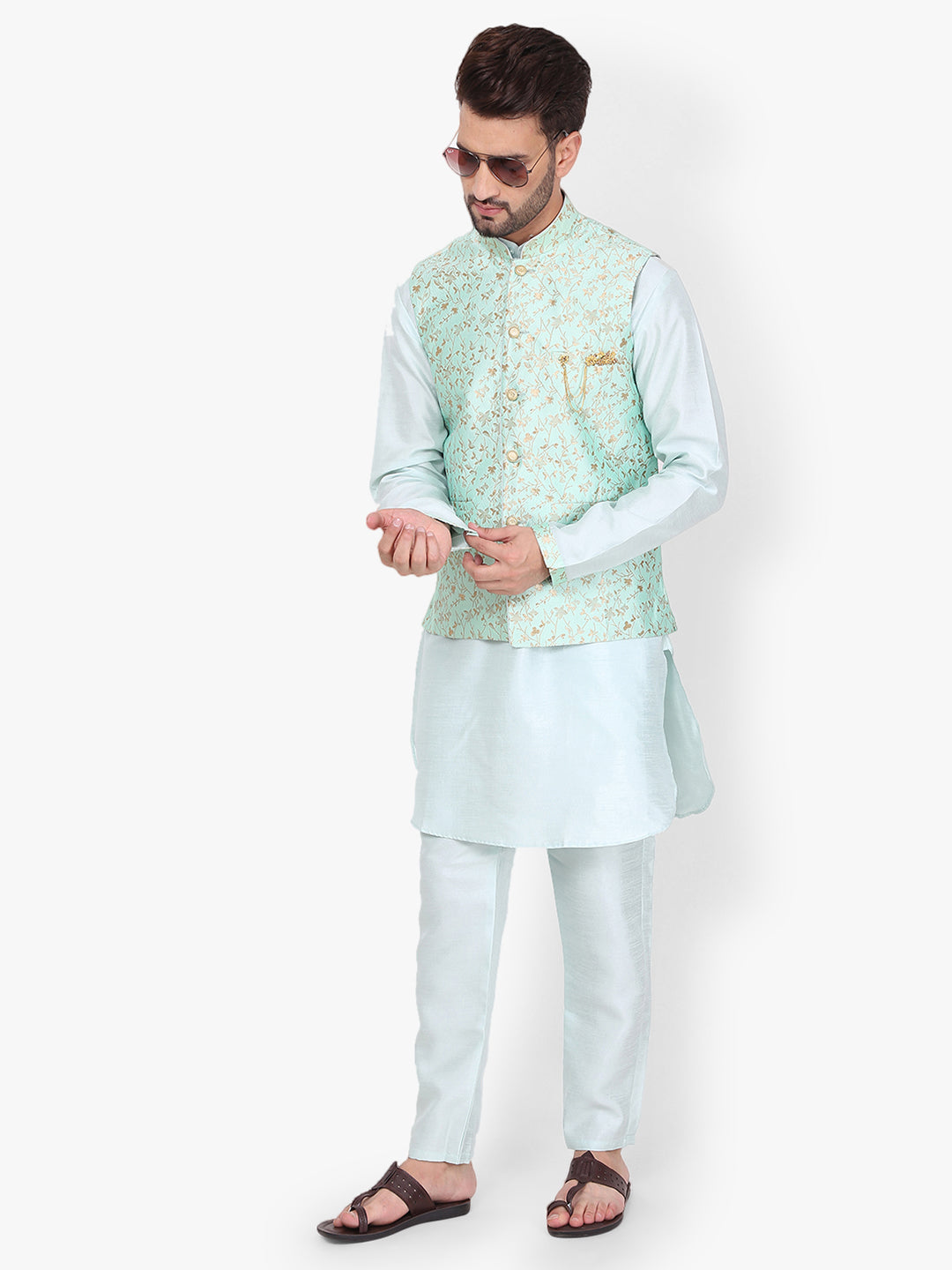 Pro-Ethic Style Developer Silk Kurta Pajama With Jacket For Men | Sky Blue (C-101)