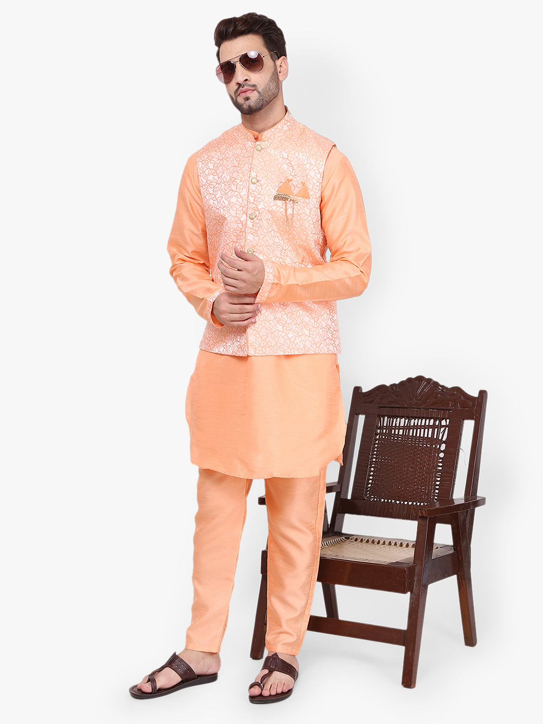 Pro-Ethic Silk Kurta Pajama With Jacket For Men | Orange (C-104)