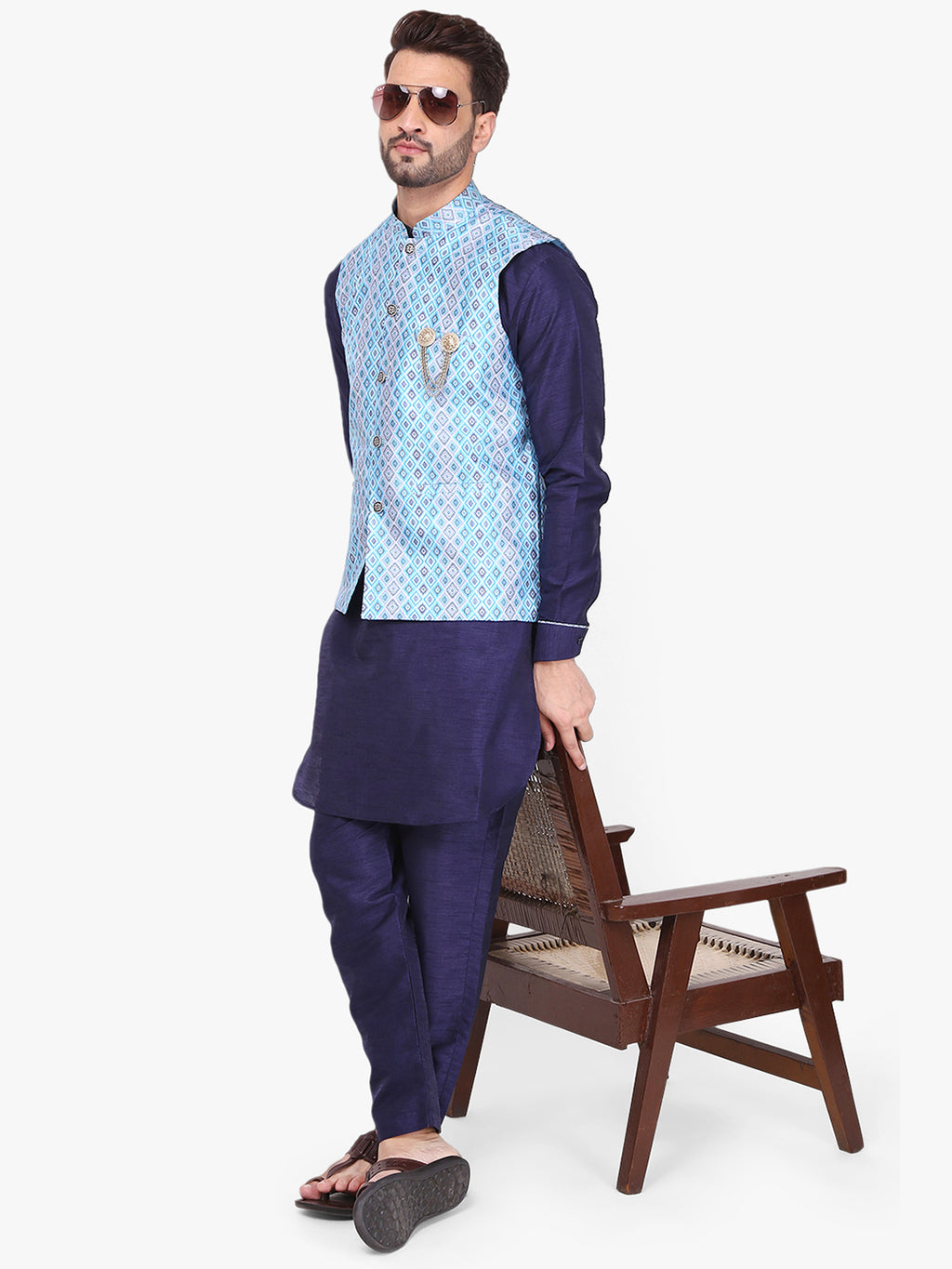 Pro-Ethic Silk Kurta Pajama With Jacket For Men | Navy Blue (C-102)