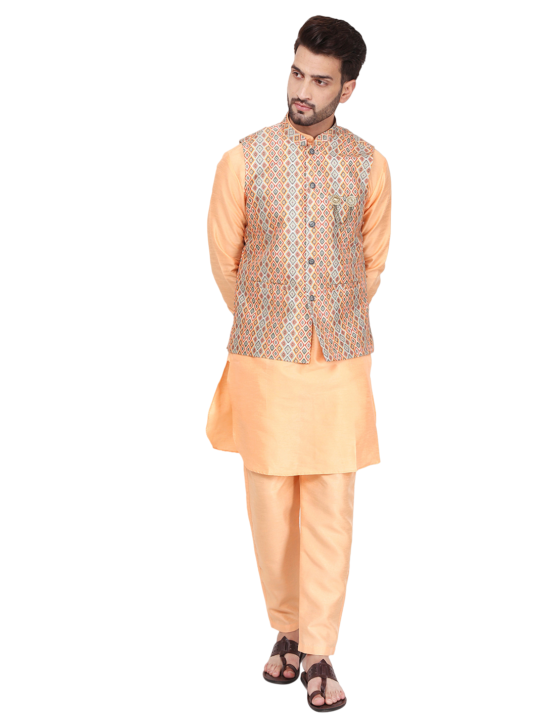 Pro-Ethic Style Developer Silk Kurta Pajama With Jacket For Men | Gold (C-102)