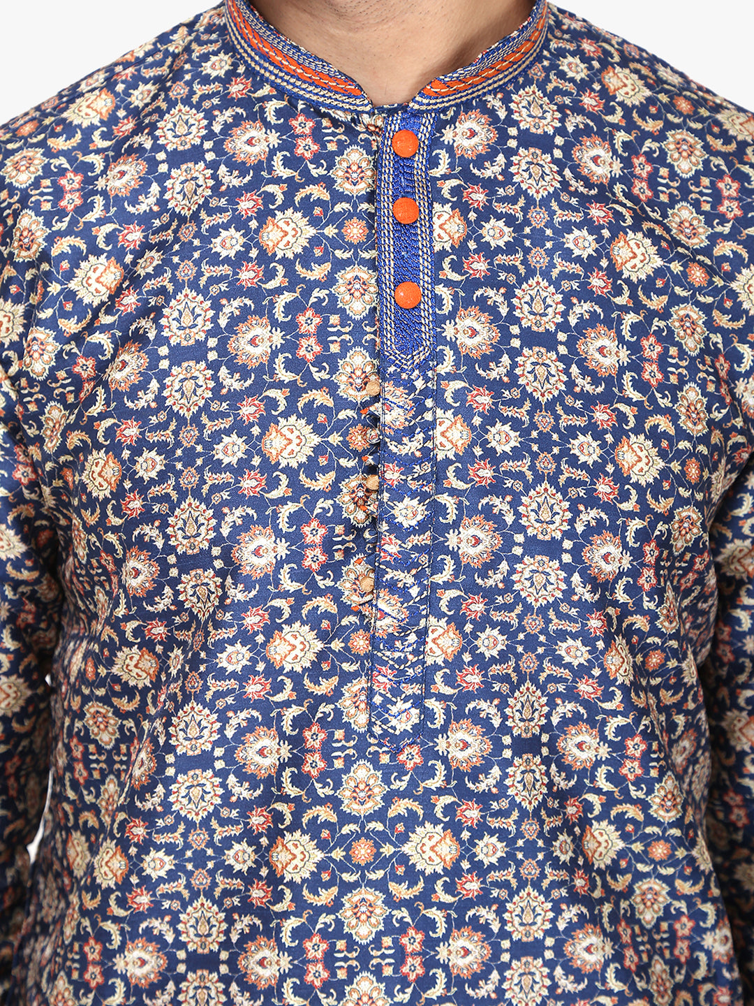 Pro-Ethic Men's Kurta Pajama Silk | Mandarin Collar | Floral Print | Navy Blue (A-110)