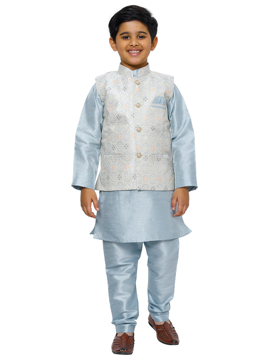 Pro Ethic Kurta Pajama For Boys With Waist Coat Silk Floral Pattern Light Blue (S-212)