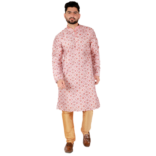 Pro-Ethic Men's Kurta Pajama Silk | Mandarin Collar | Floral Print | Peach (A-110)