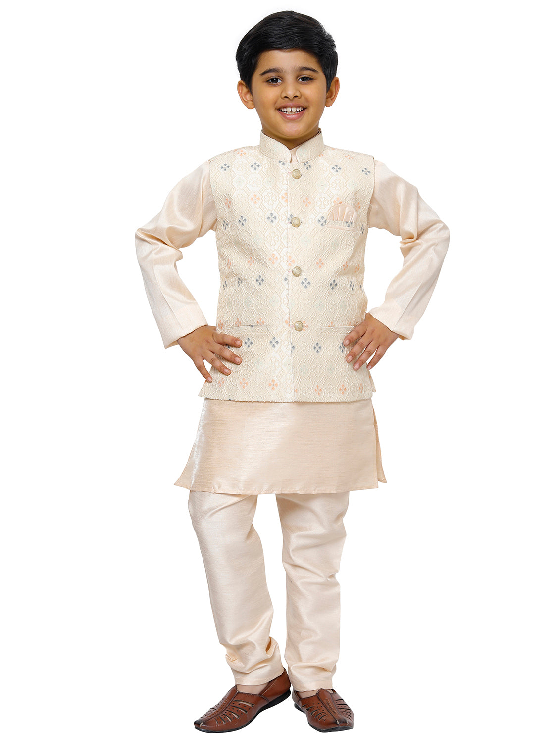 Pro Ethic Kurta Pajama For Boys With Waist Coat Silk Floral Pattern Peach (S-212)