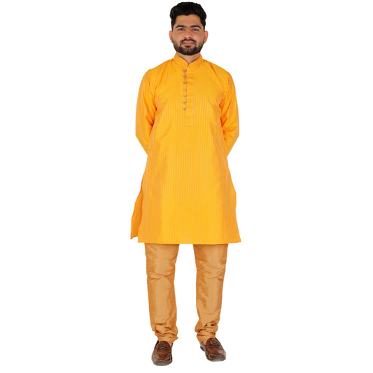 Pro Ethic Men's Silk Kurta Pajama | Mandarin Collar | Yellow (A-109)