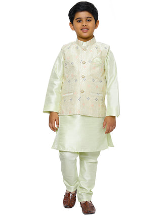 Pro Ethic Kurta Pajama For Boys With Waist Coat Silk Floral Pattern Green (S-212)