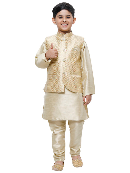 Pro Ethic Kurta Pajama For Boys With Waist Coat Silk Floral Pattern Gold (S-214)