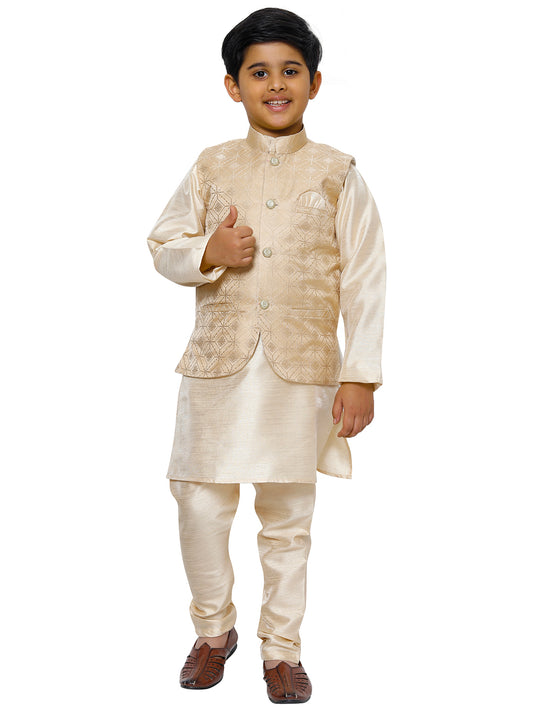 Pro Ethic Kurta Pajama For Boys With Waist Coat Silk Floral Pattern Gold (S-211)