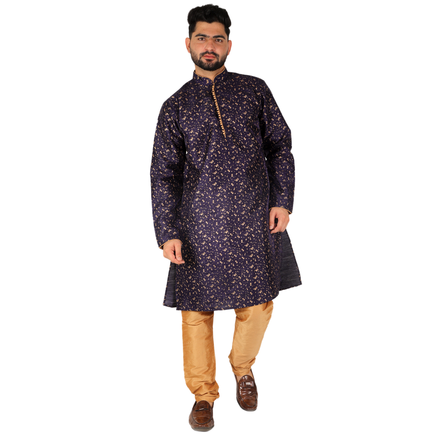 Pro-Ethic Men's Kurta Pajama Silk | Mandarin Collar | Floral Print | Navy Blue (A-111)