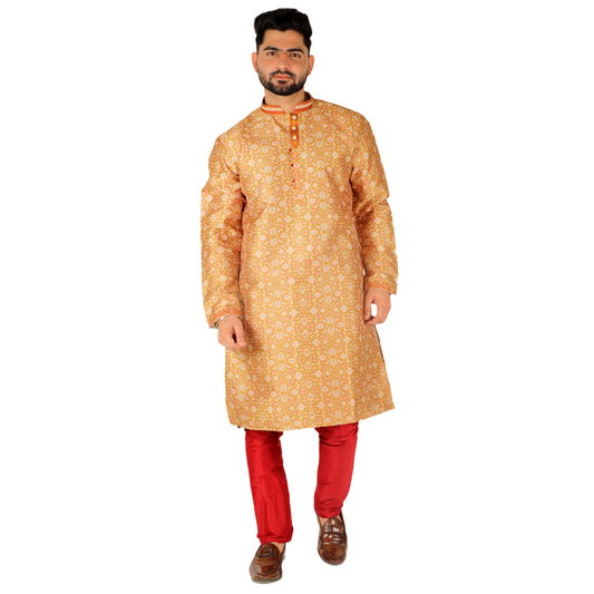 Pro-Ethic Men's Silk Kurta Pajama | Mandarin Collar | Floral Print | Gold (A-110) Pro Ethic