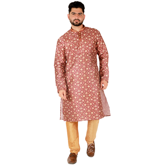 Pro-Ethic Men's Kurta Pajama Silk | Mandarin Collar | Floral Print | Maroon (A-110)