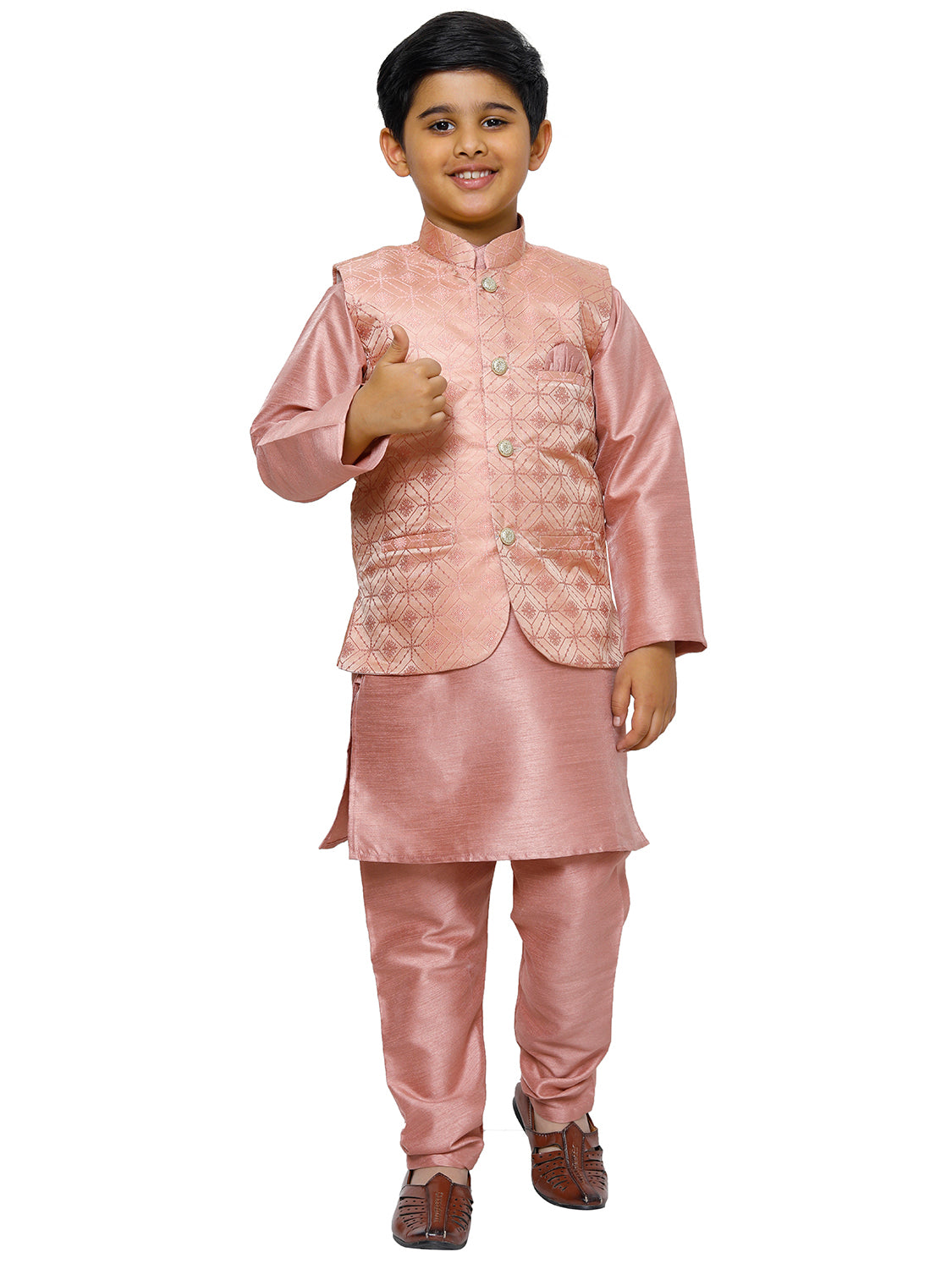 Pro Ethic Kurta Pajama For Boys With Waist Coat Silk Floral Pattern Pink (S-211)