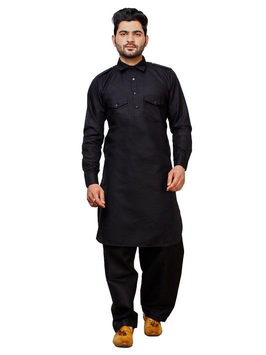 Pro Ethic Men's Pathani Kurta pajama set - Printed | Cotton | Black | (A-116)