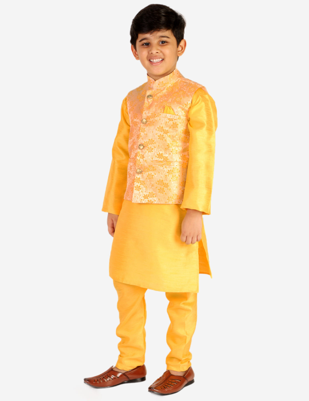 Pro Ethic Boys Kurta Pajama & Waistcoat Set Silk Floral Design Yellow (S-176)