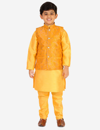 Pro Ethic Boys Kurta Pajama & Waistcoat  Set Silk Floral Design Yellow (S-175)