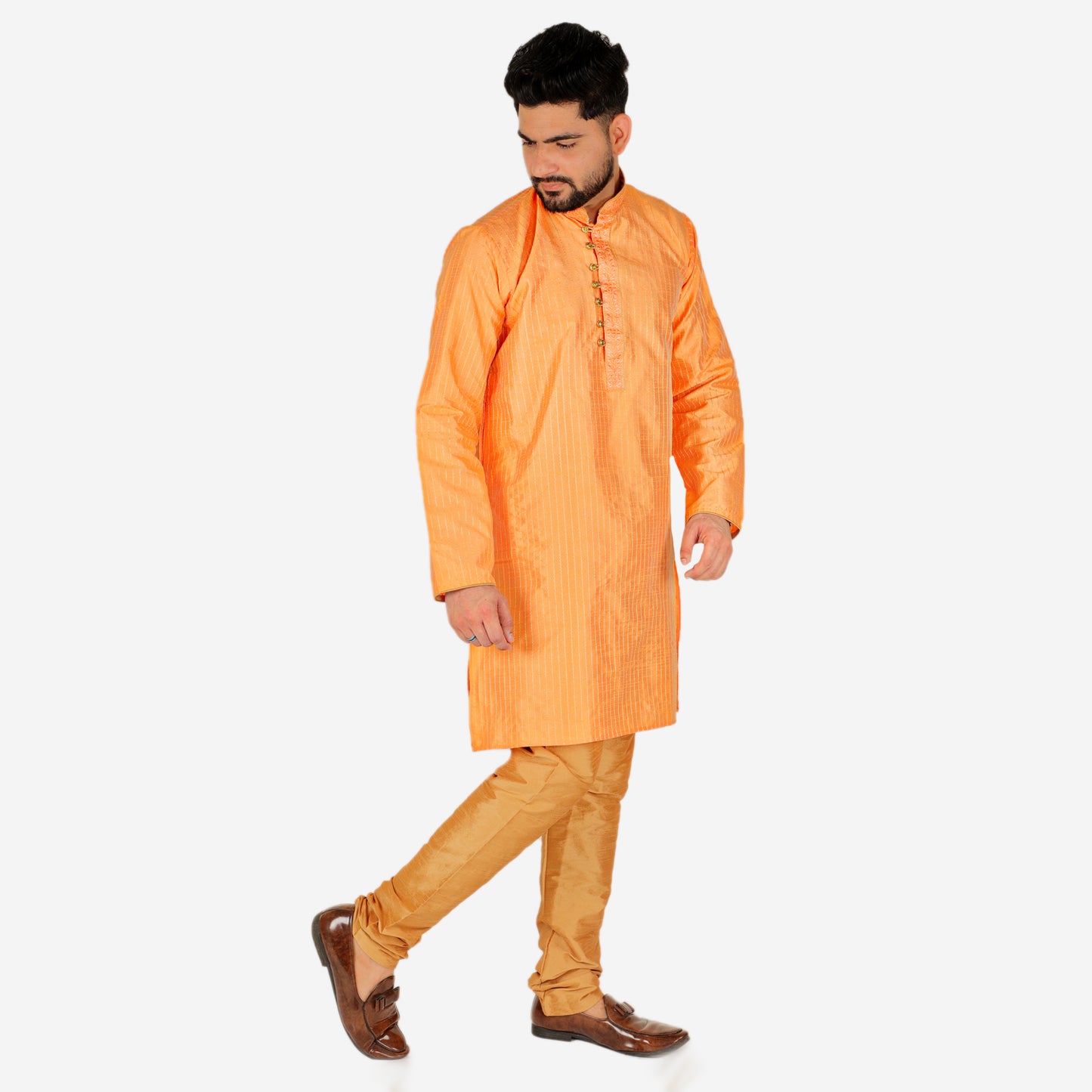 Pro Ethic Men's Silk Kurta Pajama | Mandarin Collar | Orange (A-109)