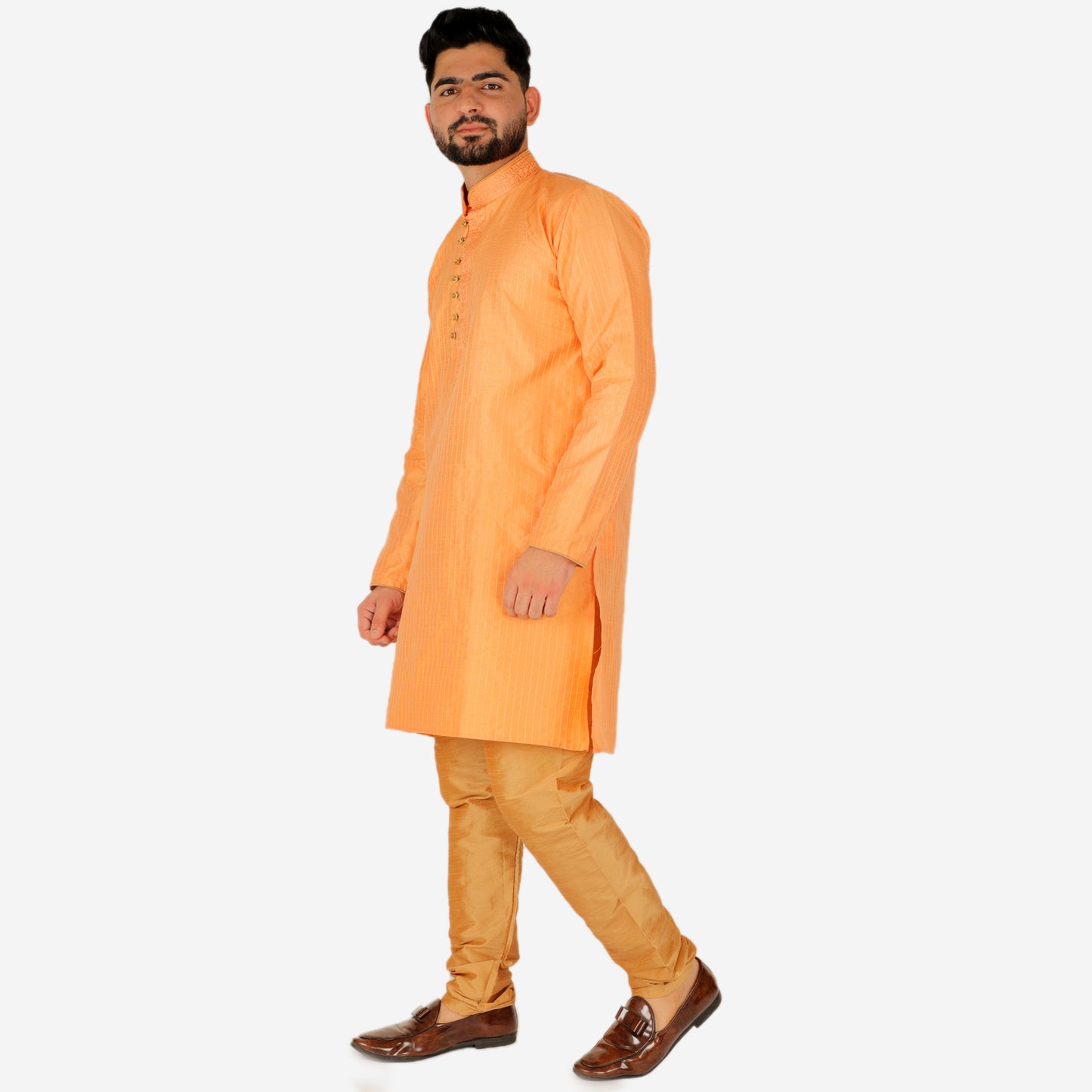 Pro Ethic Men's Silk Kurta Pajama | Mandarin Collar | Orange (A-109)