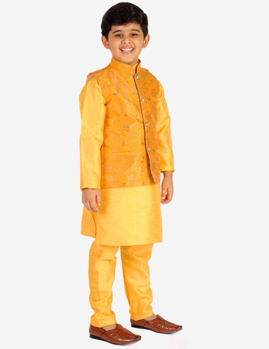 Pro Ethic Boys Kurta Pajama & Waistcoat  Set Silk Floral Design Yellow (S-175)