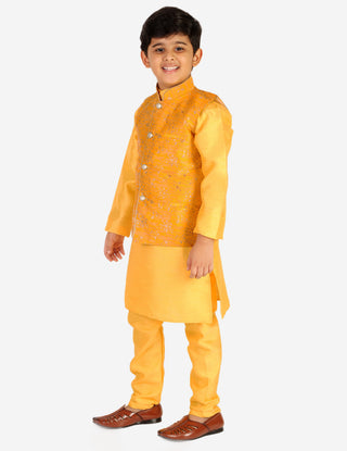 Pro Ethic Boys Kurta Pajama & Waistcoat  Set Silk Floral Design Yellow (S-175)