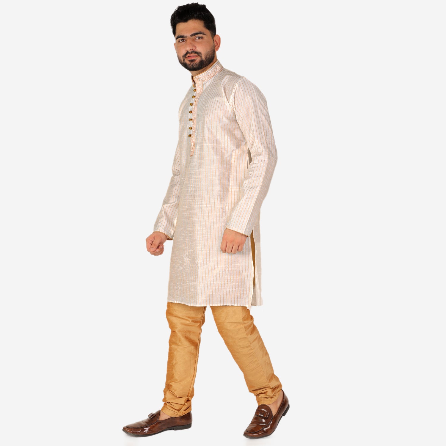 Pro Ethic Men's Silk Kurta Pajama | Mandarin Collar | Cream (A-109)