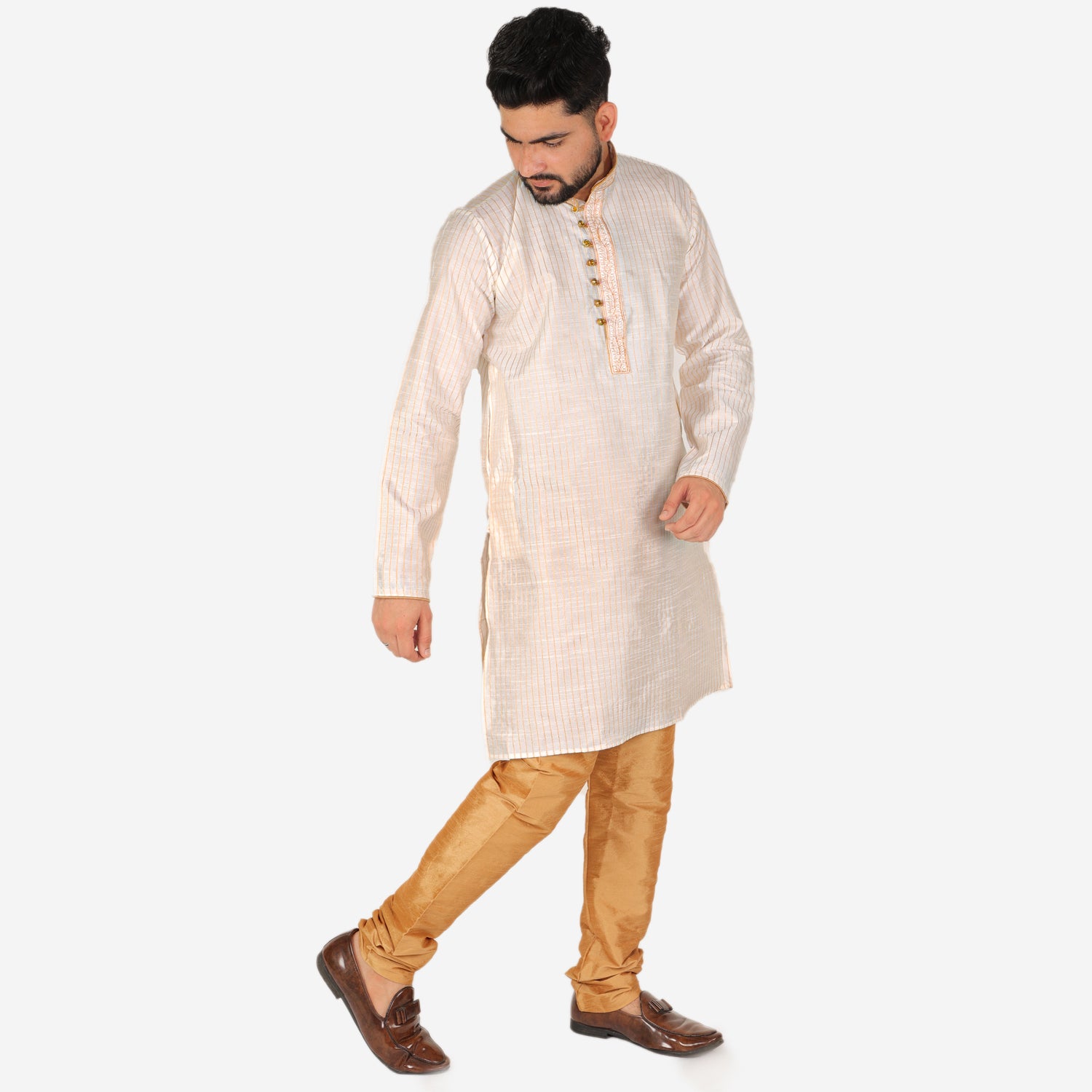 Pro Ethic Men's Silk Kurta Pajama | Mandarin Collar | Cream (A-109)