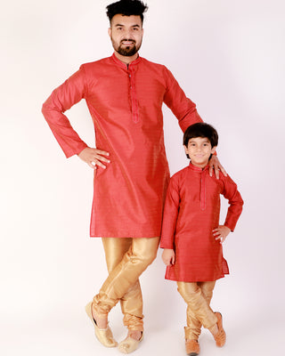 Red father and son same dress ethnic wear kurta pajama