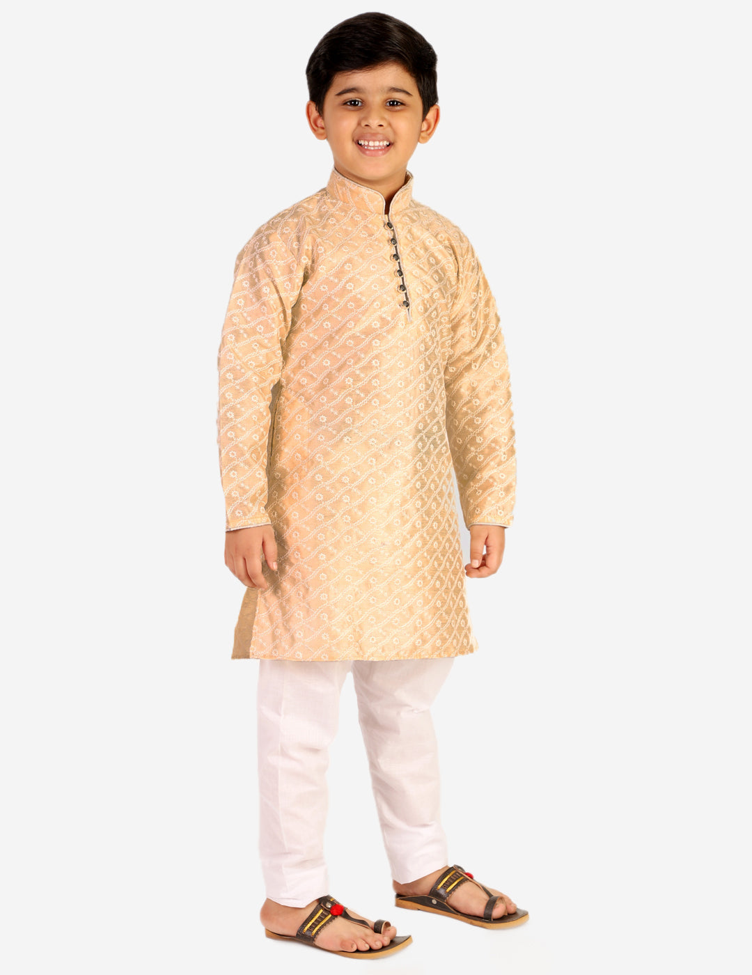 Pro Ethic Boys Kurta Pajama & Waistcoat Set Silk Chicken Design Cream (S-177)