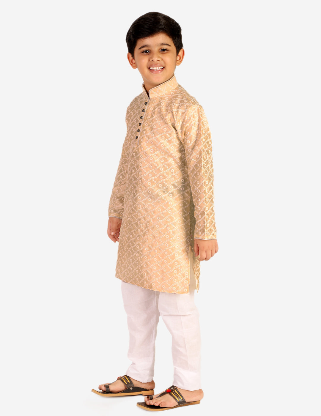 Pro Ethic Boys Kurta Pajama & Waistcoat Set Silk Chicken Design Cream (S-177)