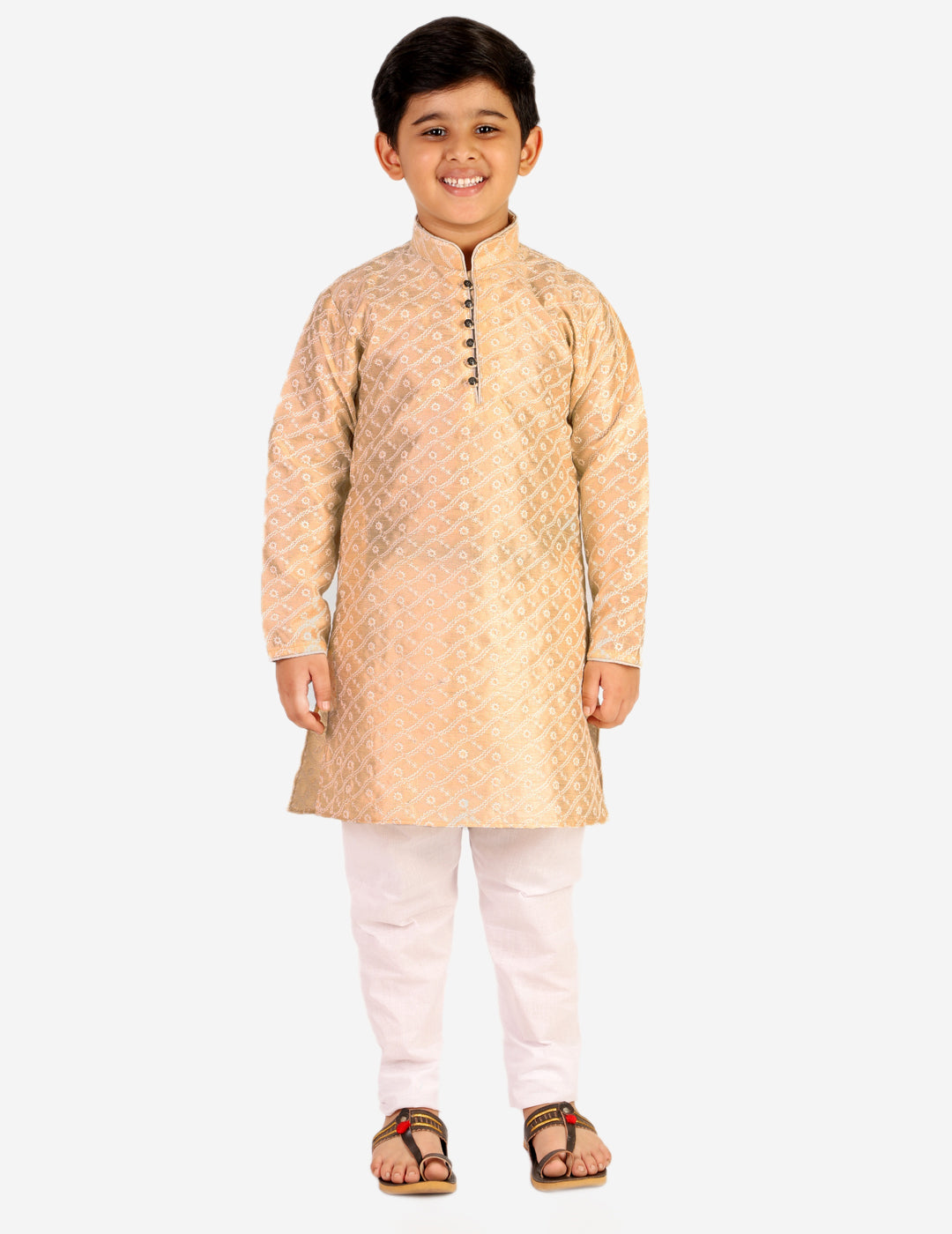 Pro Ethic Boys Kurta Pajama & Waistcoat Set Silk Chicken Design Cream (S-177)