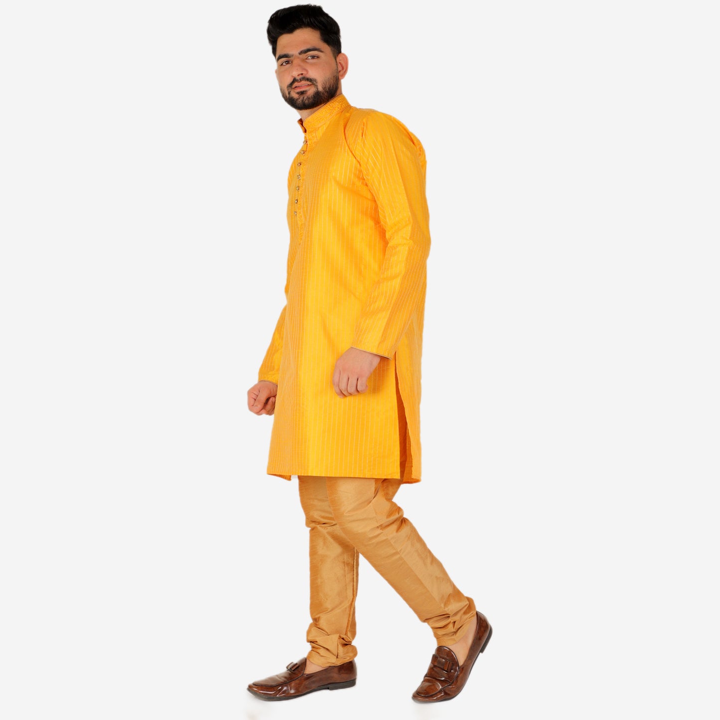 Pro Ethic Men's Silk Kurta Pajama | Mandarin Collar | Yellow (A-109)