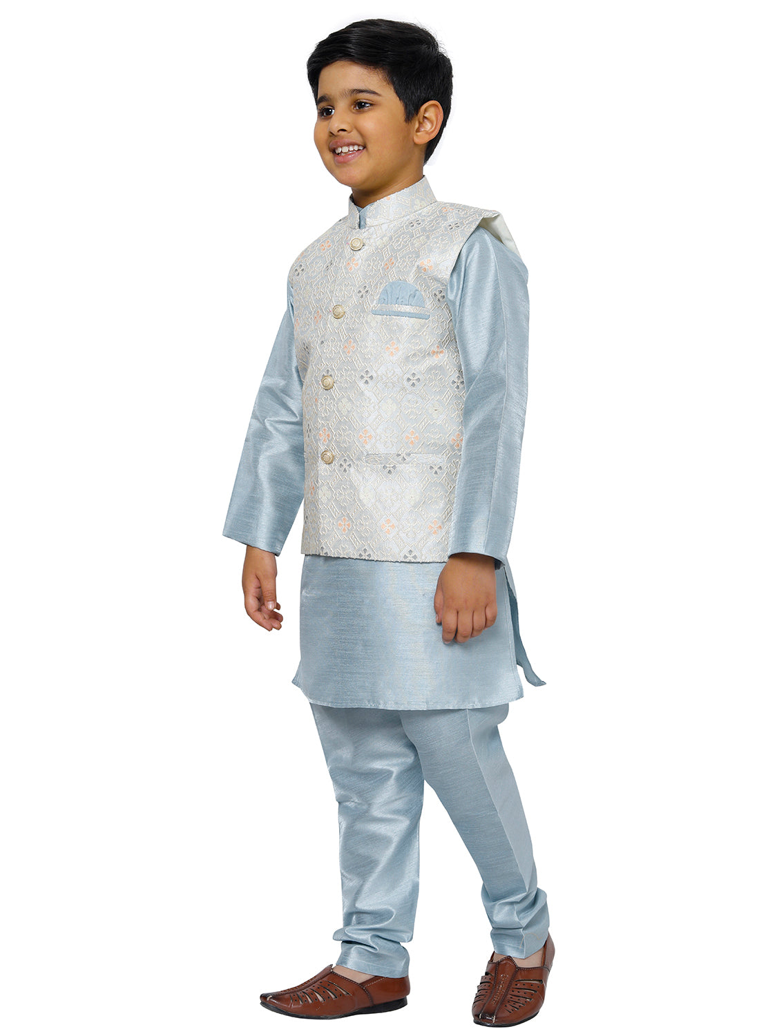 Pro Ethic Kurta Pajama For Boys With Waist Coat Silk Floral Pattern Light Blue (S-212)