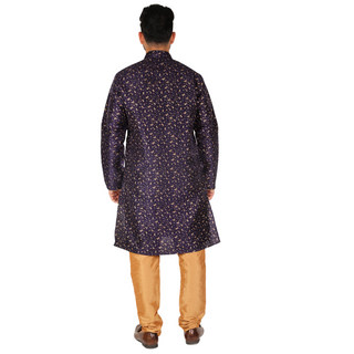 Pro-Ethic Men's Kurta Pajama Silk | Mandarin Collar | Floral Print | Navy Blue (A-111)