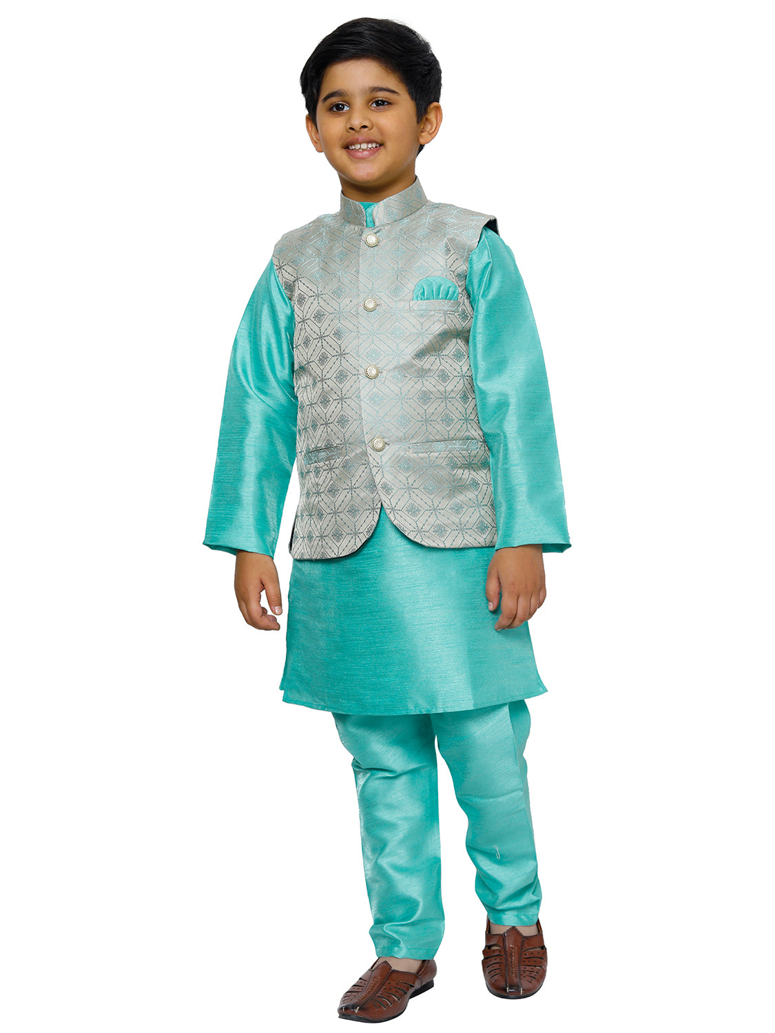 Pro Ethic Kurta Pajama For Boys With Waist Coat Silk Floral Pattern Green (S-211)