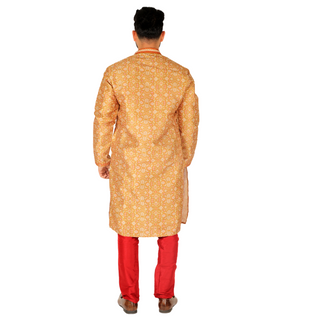 Pro-Ethic Men's Silk Kurta Pajama | Mandarin Collar | Floral Print | Gold (A-110) Pro Ethic