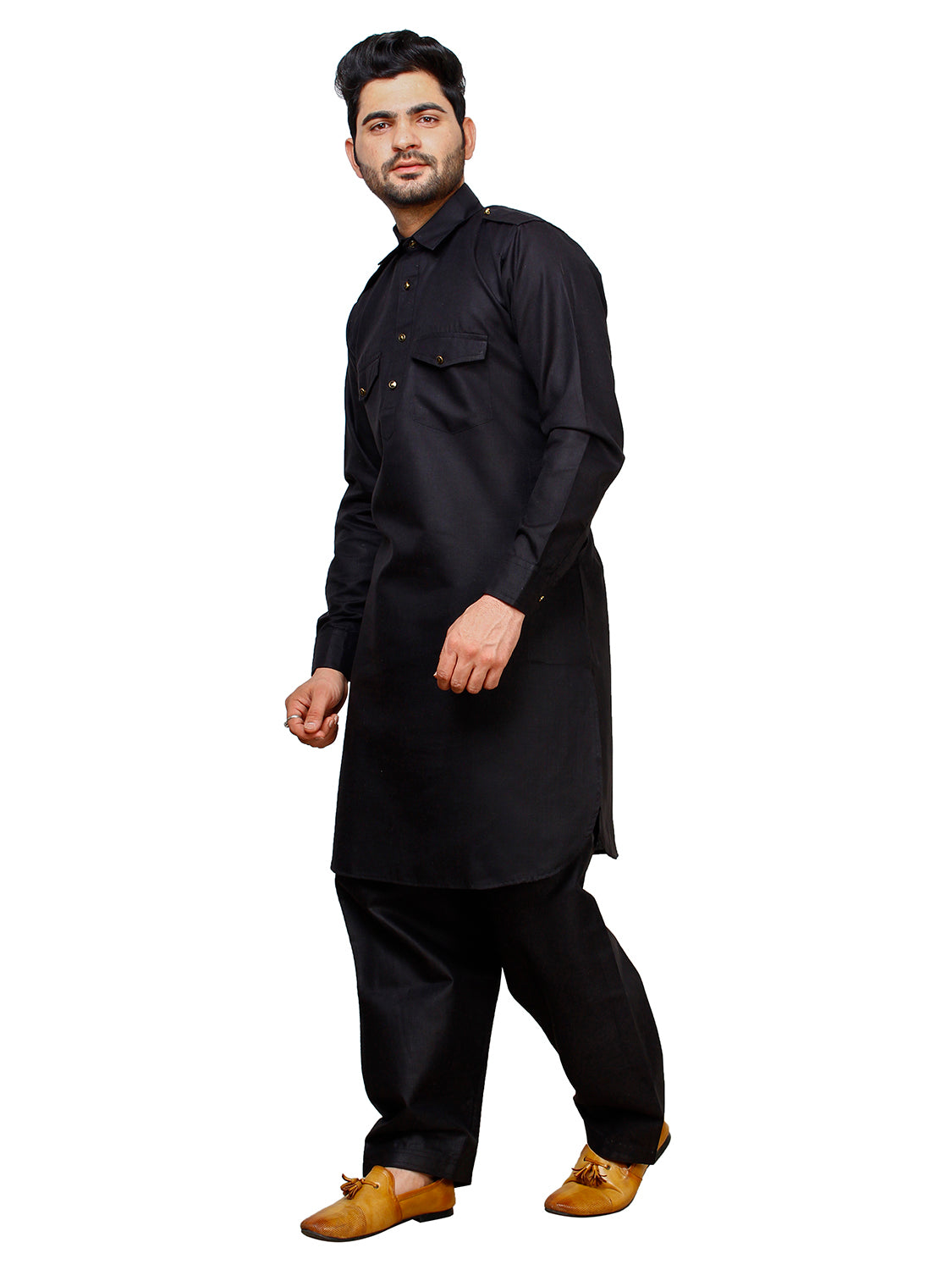 Pro Ethic Men's Pathani Kurta pajama set - Printed | Cotton | Black | (A-116)