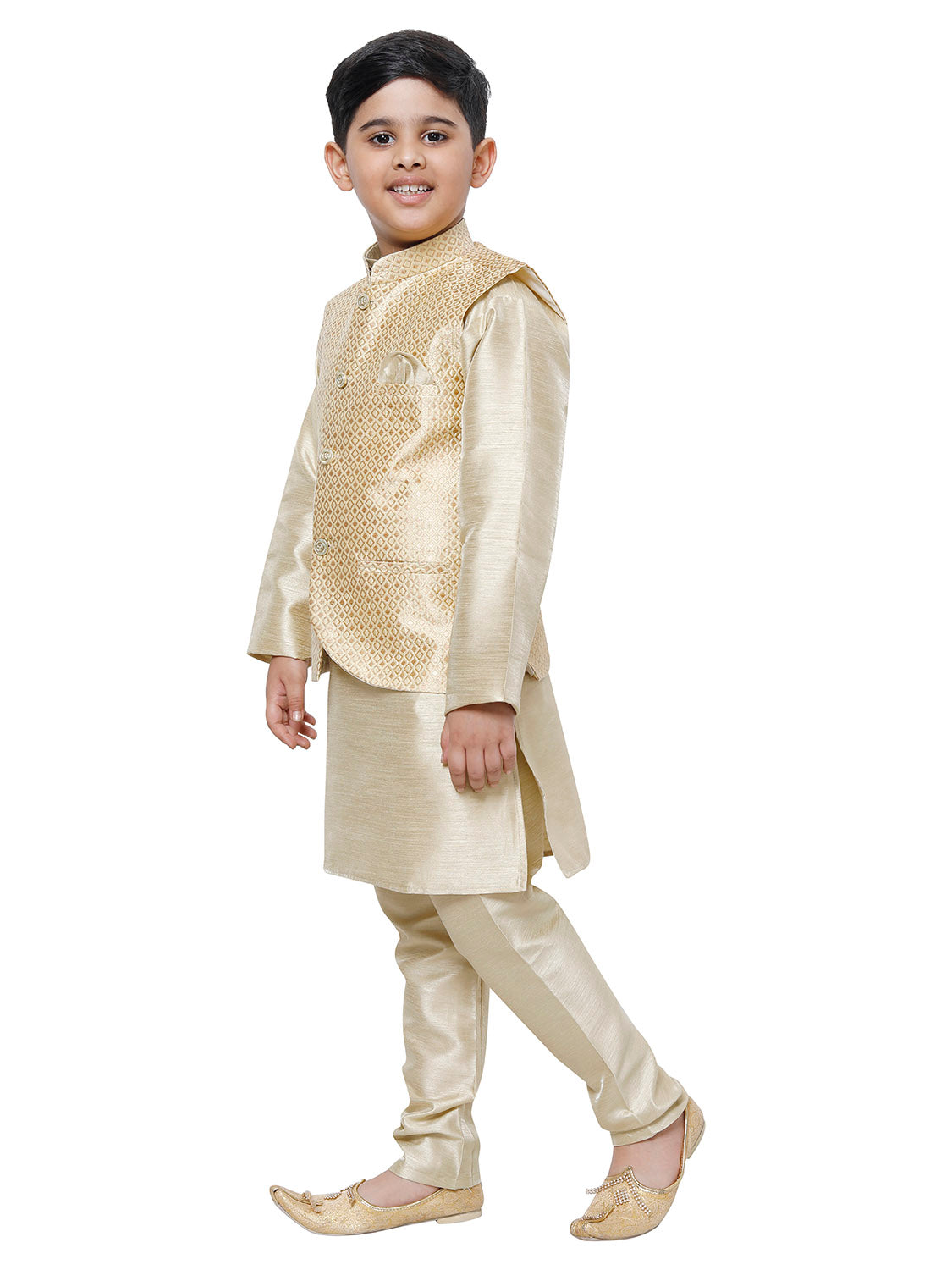 Pro Ethic Kurta Pajama For Boys With Waist Coat Silk Floral Pattern Gold (S-214)