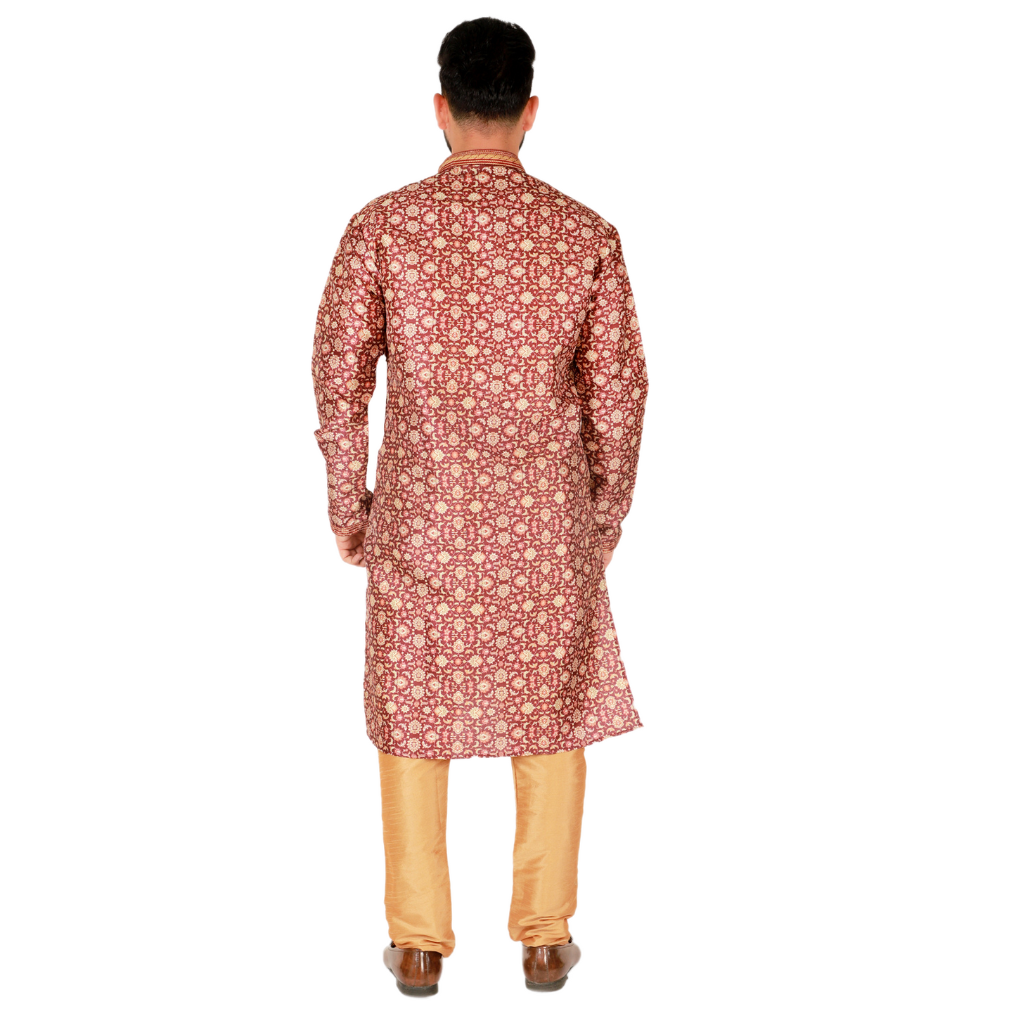 Pro-Ethic Men's Kurta Pajama Silk | Mandarin Collar | Floral Print | Maroon (A-110)